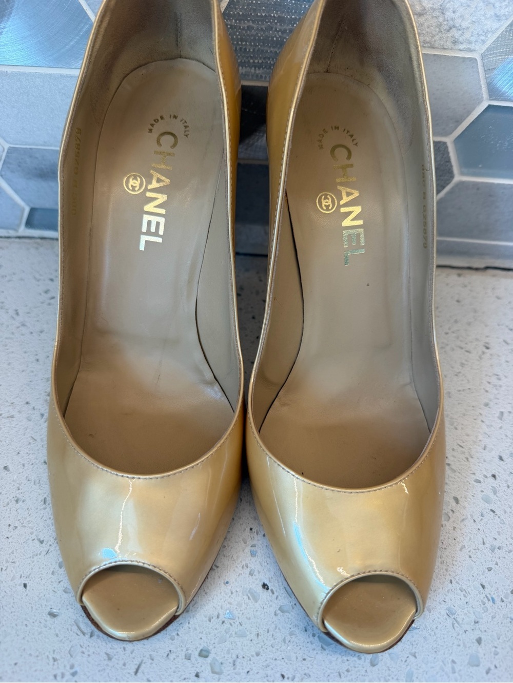Accepting Offers. Rare CHANEL Gold Patent Leather Heels with CC Logo